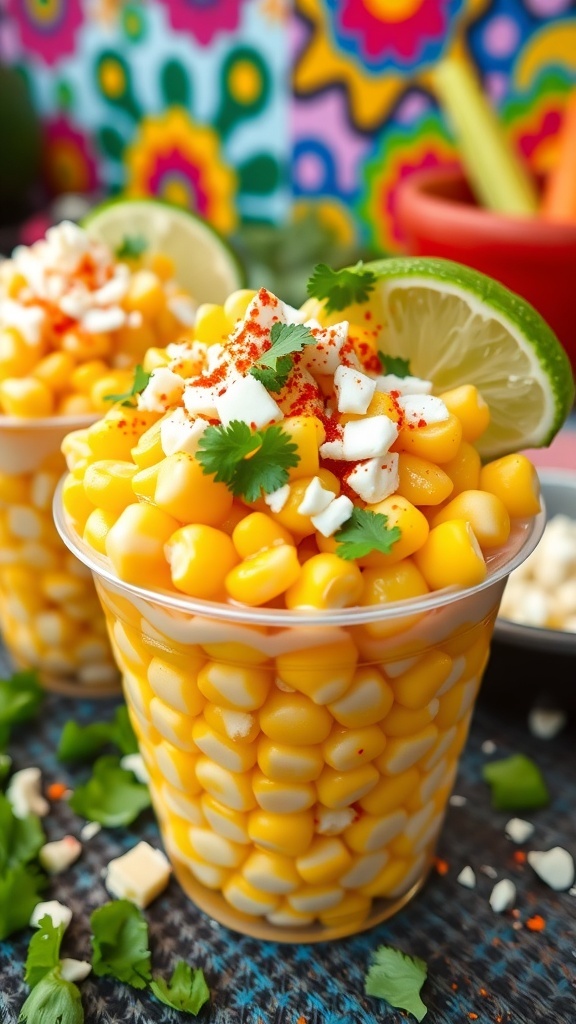 A cup of Mexican street corn with sweet corn, mayonnaise, cotija cheese, and chili powder, garnished with cilantro and lime.